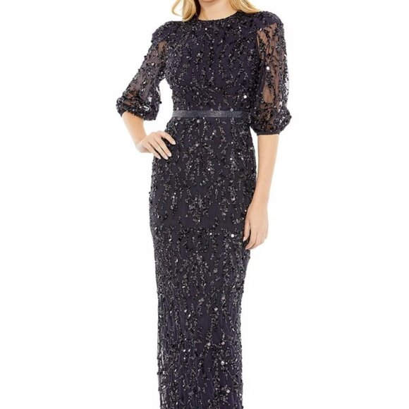 Mac Duggal Midnight Blue Sequin Sheer Sleeve Sheath Gown